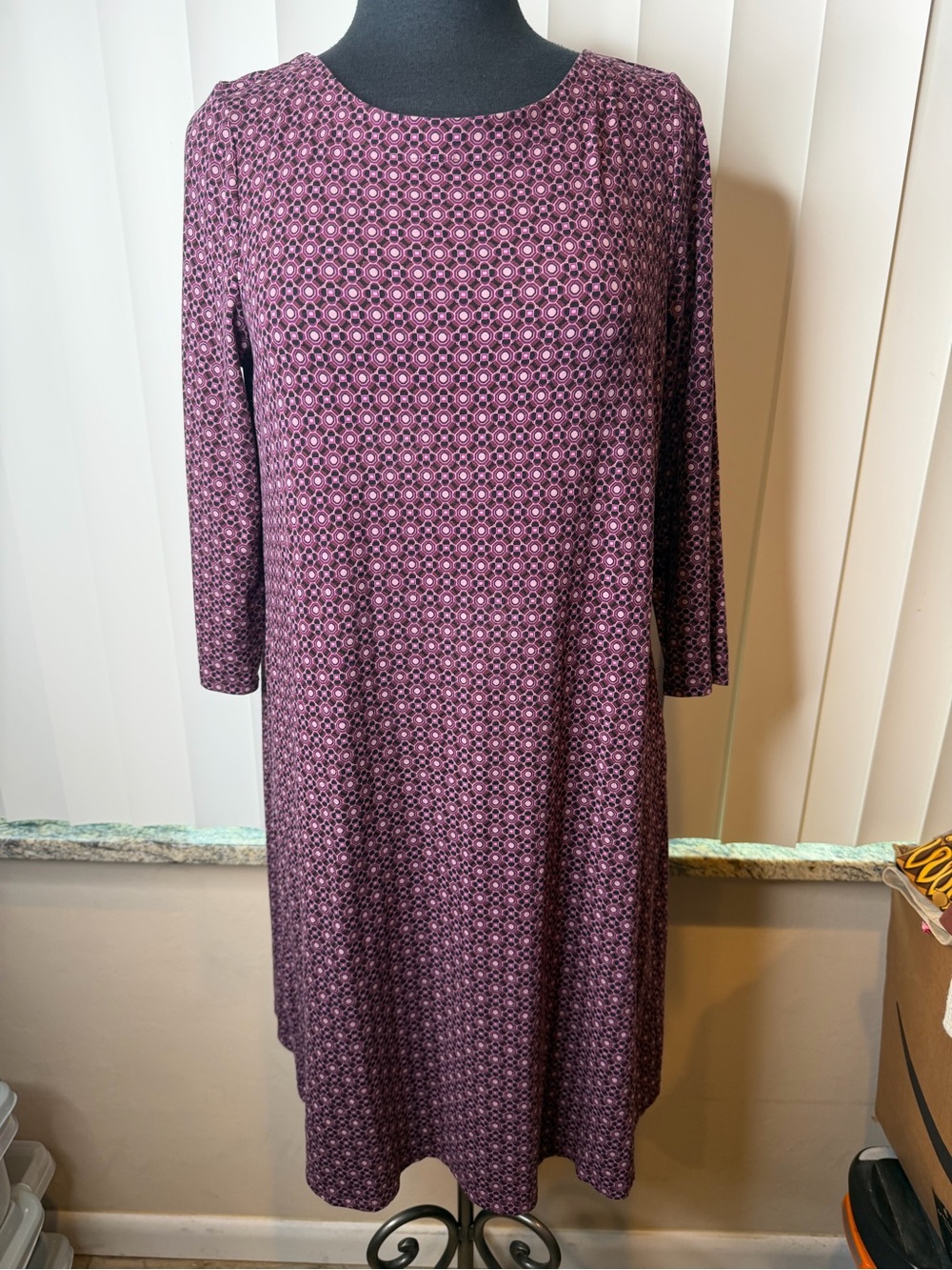 J. Jill Wearever purple shift dress geometric print long sleeves size Small